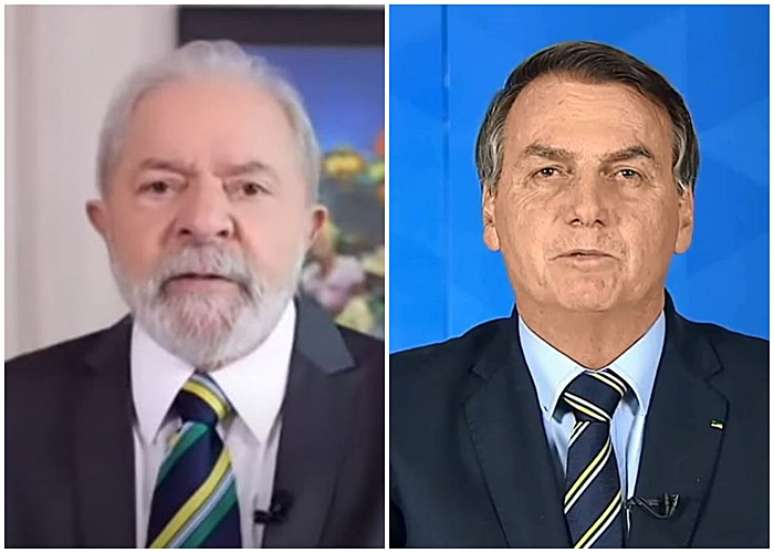 Lula no ‘Telejornal’ e Bolsonaro em um pronunciamento de 2020: gravatas parecidas em alusão à bandeira brasileira
