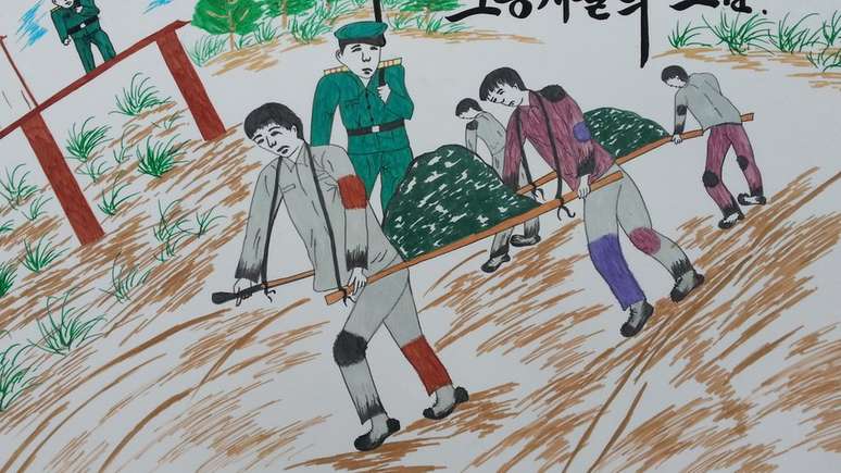 A ex-prisioneira Kim Hye-sook desenhou estas ilustrações retratando sua experiência em uma mina de carvão da Coreia do Norte