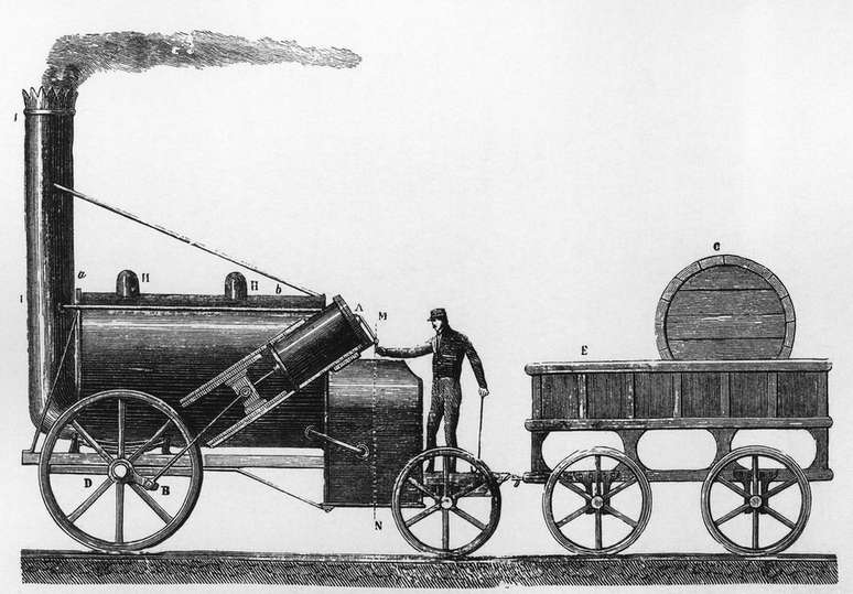 Rocket, a locomotiva a vapor projetada e constru&iacute;da por George e Robert Stephenson