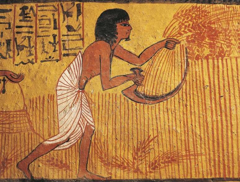 Pintura de um agricultor na tumba de Sennedjem, um artes&atilde;o que viveu no antigo Egito