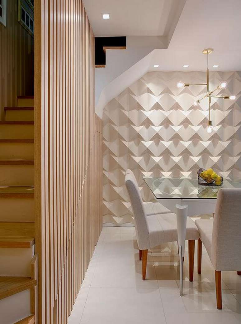 3. Azulejo 3D branco para sala de jantar integrada com estar – Foto Minha Casa Abril