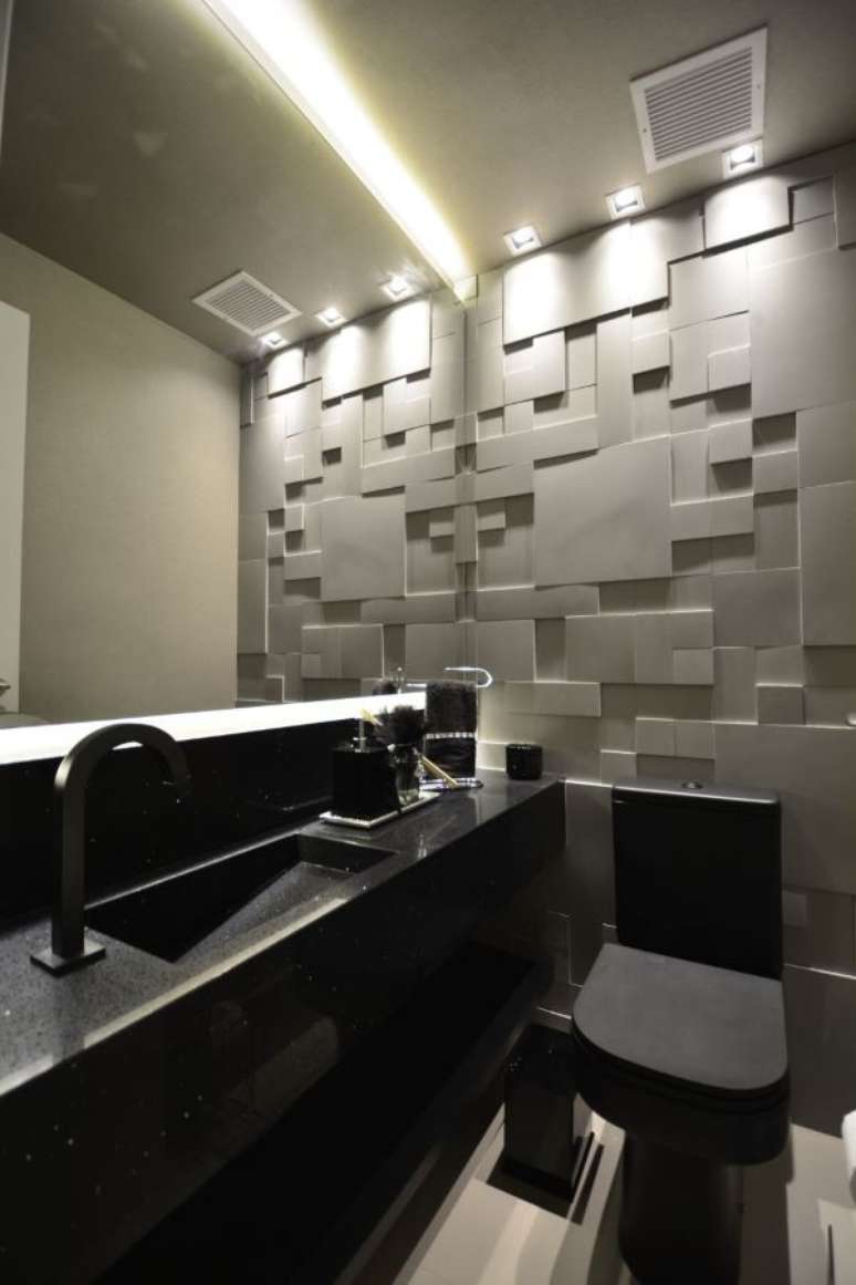 48. Banheiro com azulejo 3D cinza moderno – Foto Pinterest
