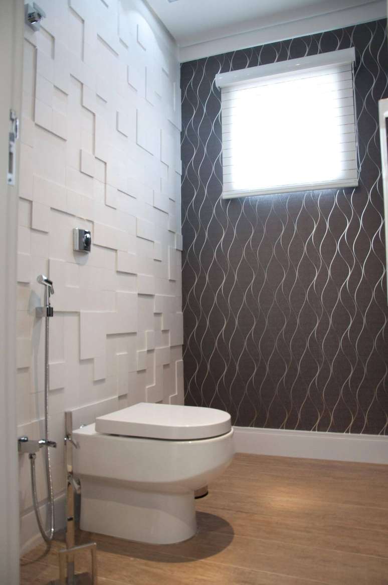 43. Banheiro com azulejo 3D branco – Foto Tudo Especial