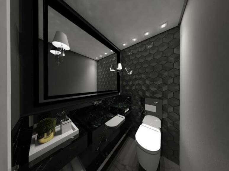 44. Banheiro com azulejo 3D cinza – Foto Pinterest
