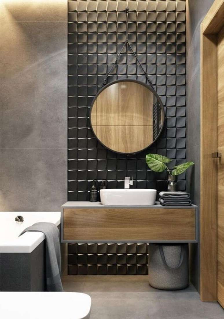 12. Azulejo 3D preto para banheiro com banheira branca – Foto Dekorations Haus