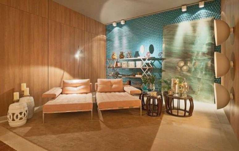 25. Azulejo 3D azul para sala de estar moderna e confortável – Foto Pinterest