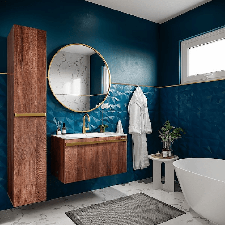 1. Azulejo 3D azul com armários de madeira – Foto Pinterest