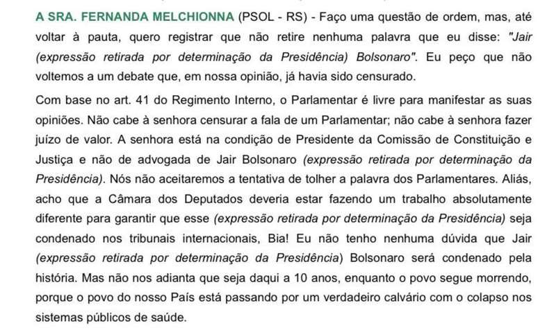 Em transcrição do debate da CCJ desta quarta-feira, 7, palavra 'genocida' foi trocada por 'expressão retirada por determinação da Presidência'