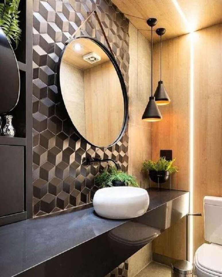 22. Lavabo com azulejo 3D preto &ndash; Foto Jeito de Casa