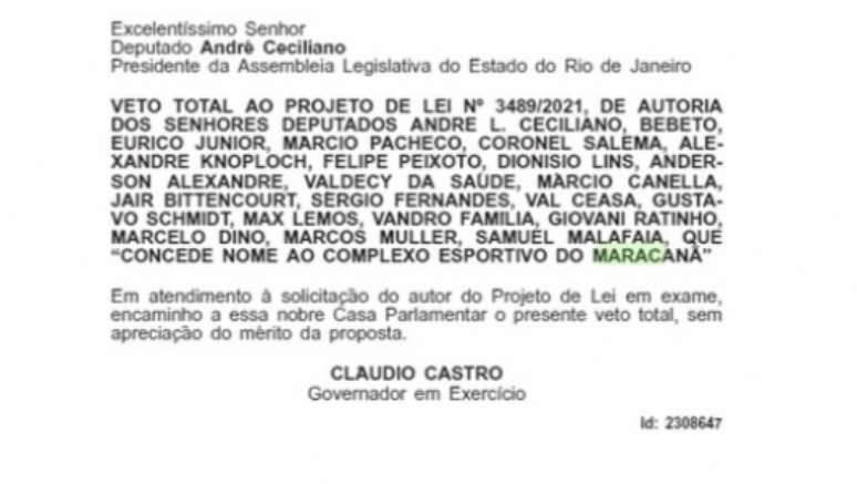Trecho que consta o veto da mudança de nome do Maracanã (Foto: Divulgação/Governo do Rio)