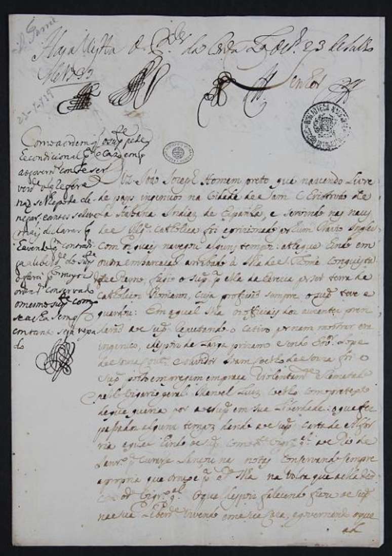 Documento em que Jo&atilde;o Jos&eacute; reivindica sua liberdade