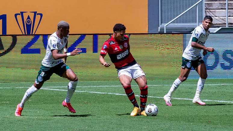 João Gomes em campo contra o Palmeiras. Maarcelo Cortes / Flamengo
