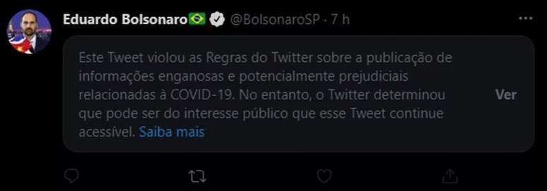 Twitter alertou para 'informações enganosas' em post de Eduardo Bolsonaro