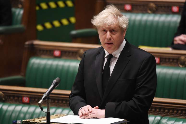 Primeiro-ministro do Reino Unido, Boris Johnson, no Parlamento em Londres
12/04/2021 Parlamento do Reino Unido/Jessica Taylor/Divulgação via REUTERS