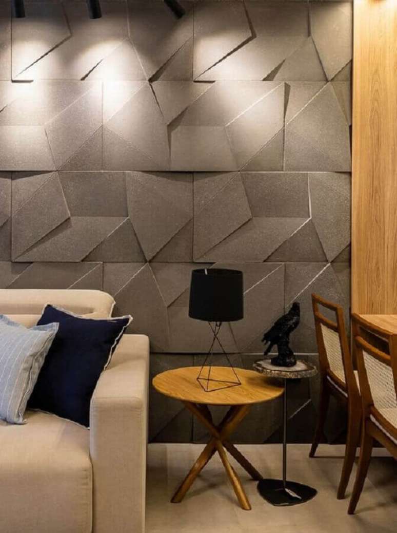 35. Decoração de sala de estar moderna com revestimento 3D cinza – Foto: Castelatto Pisos e Revestimentos