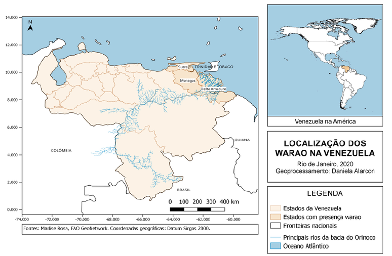 Localização dos territórios warao na Venezuela