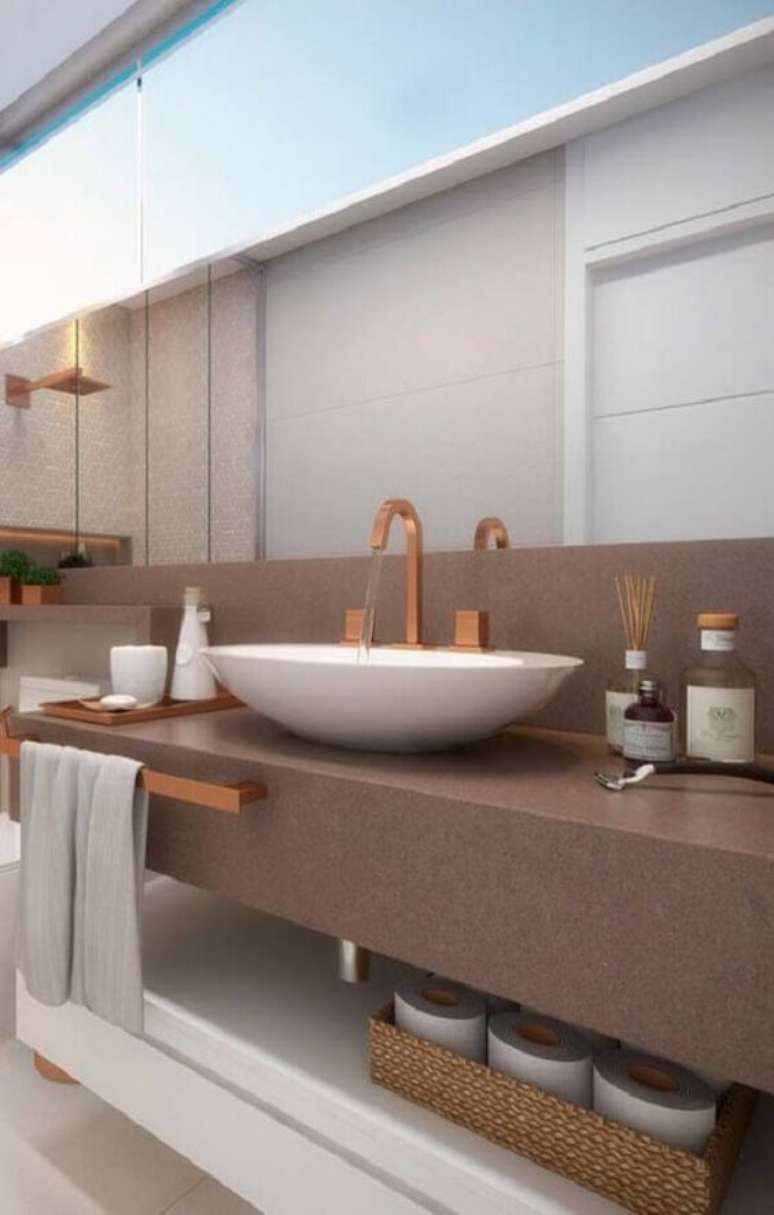 12. Bancada de granito marrom para banheiro &ndash; Foto Revista VD
