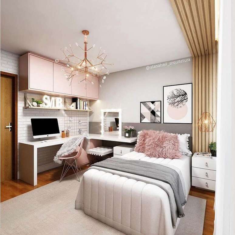 29. Quarto de mulher solteiro planejado com decora&ccedil;&atilde;o moderna e escrivaninha branca de canto &ndash; Foto: Pinterest