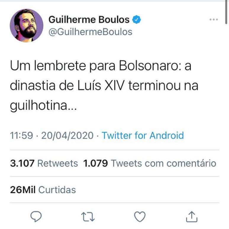 Tuíte de Guilherme Boulos que, segundo a Polícia Federal, representaria uma ameaça ao presidente Jair Bolsonaro. 