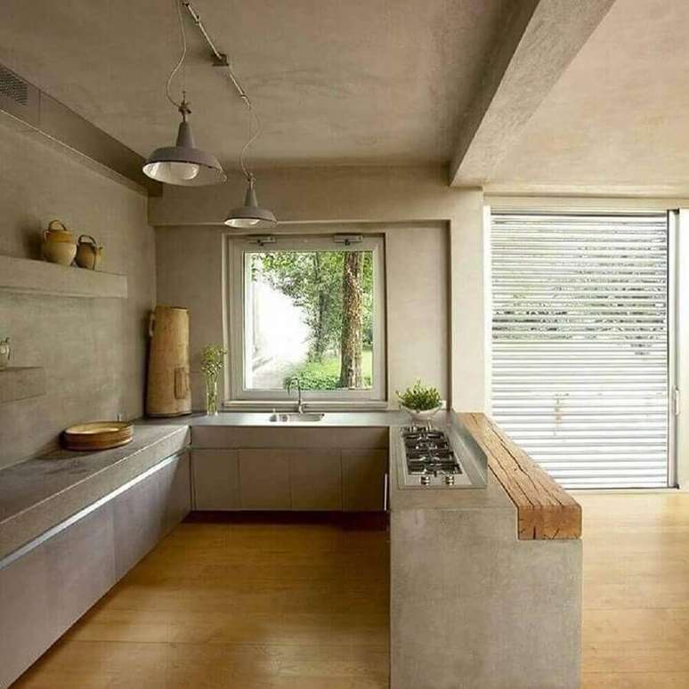 11. Decoração de cozinha com balcão de concreto e madeira – Foto: Pinterest