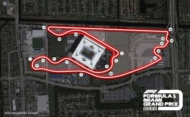 Posicionamento das curvas do novo circuito urbano de Miami Gardens a partir de 2022 