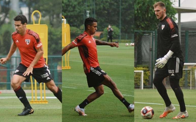 Hernanes, Igor Vinícius e Lucas Perri no treino desta quinta-feira (Foto: Reprodução/ Twitter @SaoPauloFC)