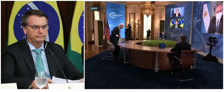 olsonaro pouco antes de entrar no ar; e a saída de Joe Biden quando a imagem do presidente brasileiro já aparecia em monitor do East Room da Casa Branca