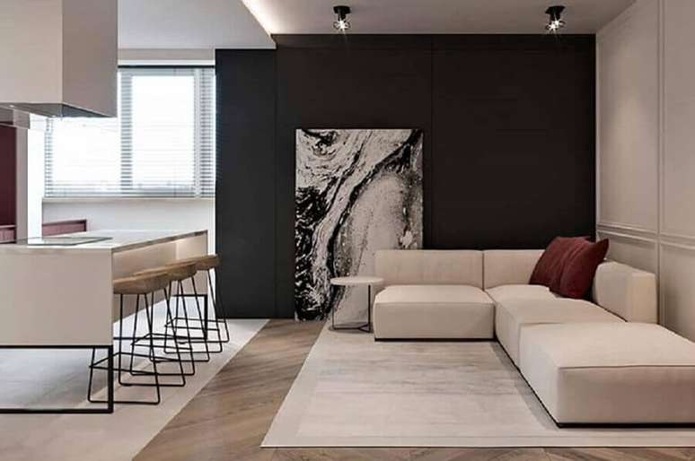 21. Decoração minimalista com quadro grande para sala de estar integrada com a cozinha – Foto: Pinterest