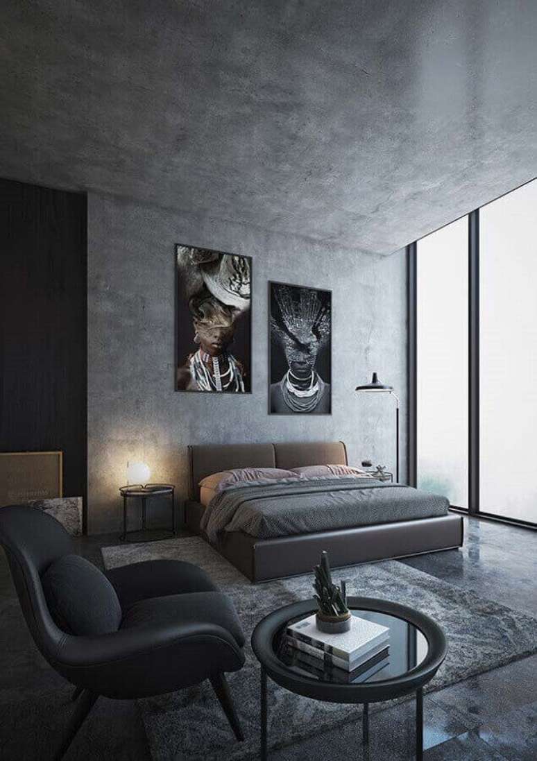 57. Quadro grande para quarto cinza moderno decorado com parede de cimento queimado – Foto: Pinterest