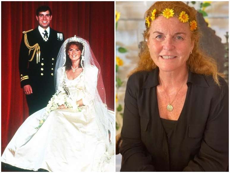 Sarah e Andrew na foto oficial do casamento, em julho de 1986, e a duquesa de York hoje, aos 61 anos, fazendo recreação no Instagram