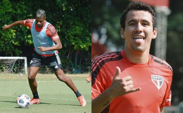Orejuela e Pablo durante treino (Fotos: Reprodução/Twitter @SaoPauloFC)