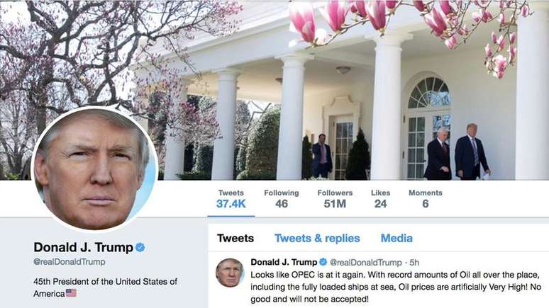 Imagem da página do ex-presidente dos EUA Donald Trump no Twitter. 20/4/2018.  @realDonaldTrump/Handout via REUTERS    