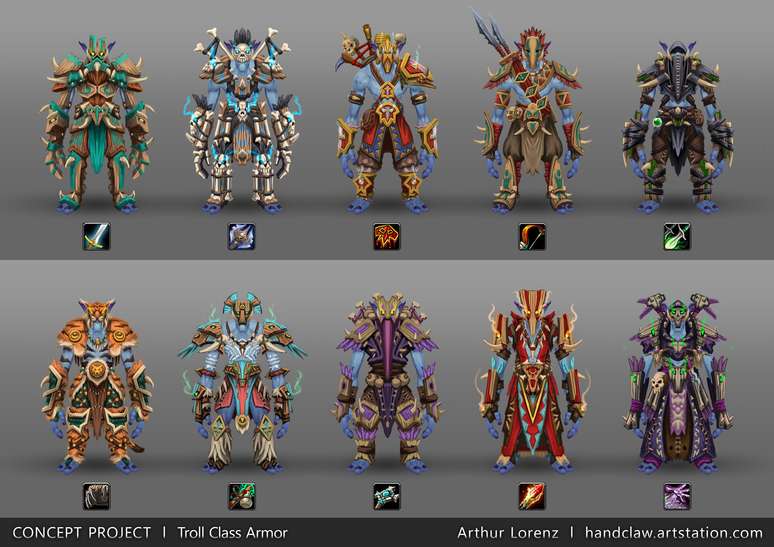 Alguns conceitos de armaduras para a raça Troll, com dez classes diferentes.