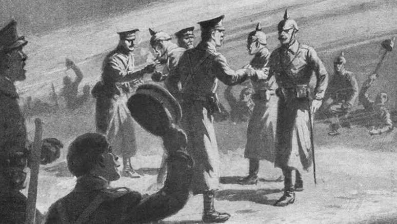 'De repente, apareceu um alem&atilde;o com as m&atilde;os levantadas, caminhando pela margem do rio em nossa dire&ccedil;&atilde;o. Um dos nossos jogou seu equipamento no ch&atilde;o e foi a seu encontro. Eles se cumprimentaram, ent&atilde;o todos n&oacute;s come&ccedil;amos a sair da trincheira'