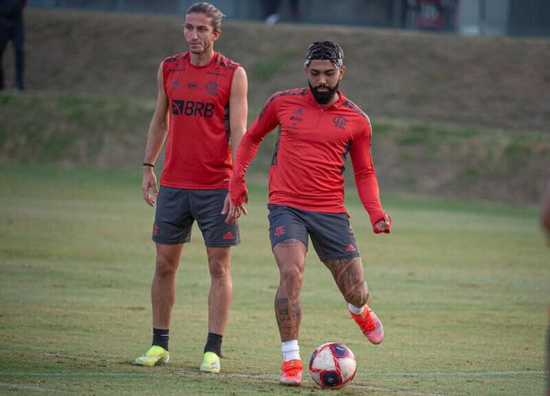 Filipe Luís e Gabigol durante treino do Flamengo (Foto: Alexandre Vidal/Flamengo)