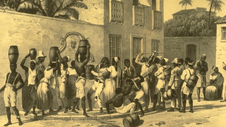 Escravizados urbanos coletando água no Brasil da década de 1830