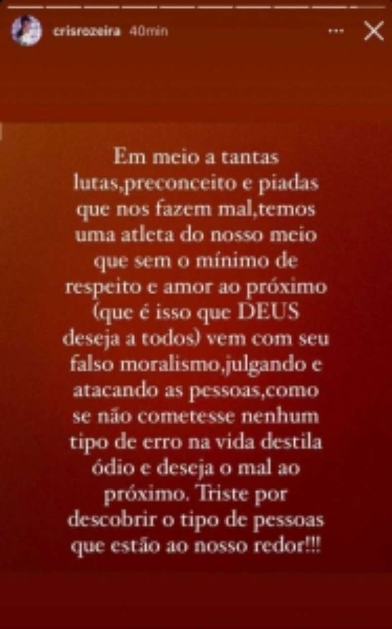Story de Cristiane (Santos) falando sobre comentário de Chú (Palmeiras) (Reprodução / Instagram)
