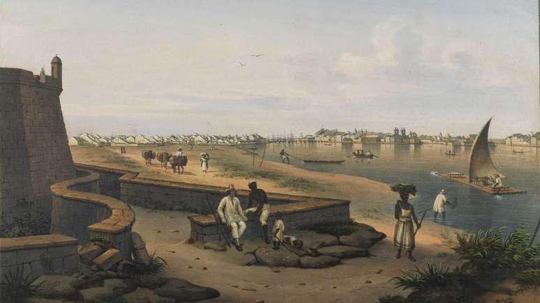 Gravura do s&eacute;c. 19 mostra a cidade de Recife vista do Forte do Brum - Mundrucu foi impedido de comandar a fortaleza