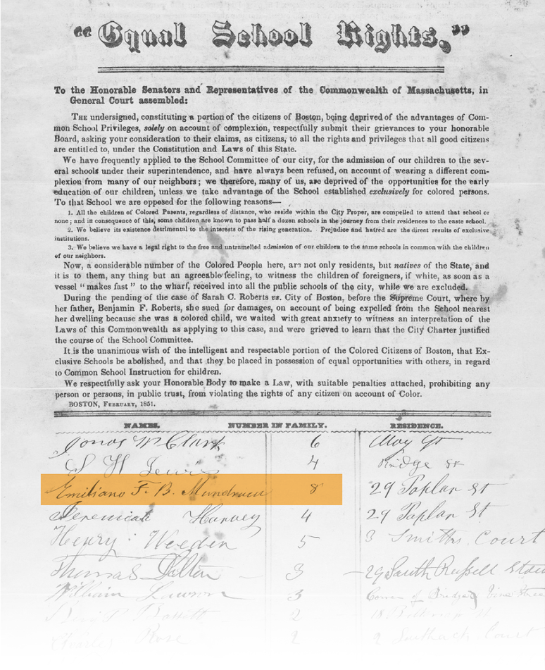 Peti&ccedil;&atilde;o pelo fim da segrega&ccedil;&atilde;o racial nas escolas de Boston assinada por Mundrucu em 1851