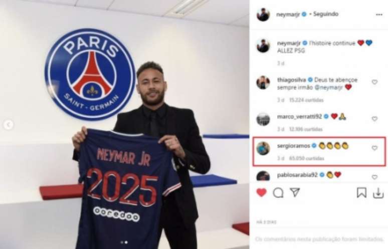 Comentário de Sergio Ramos em foto de Neymar (Foto: Reprodução / Instagram)