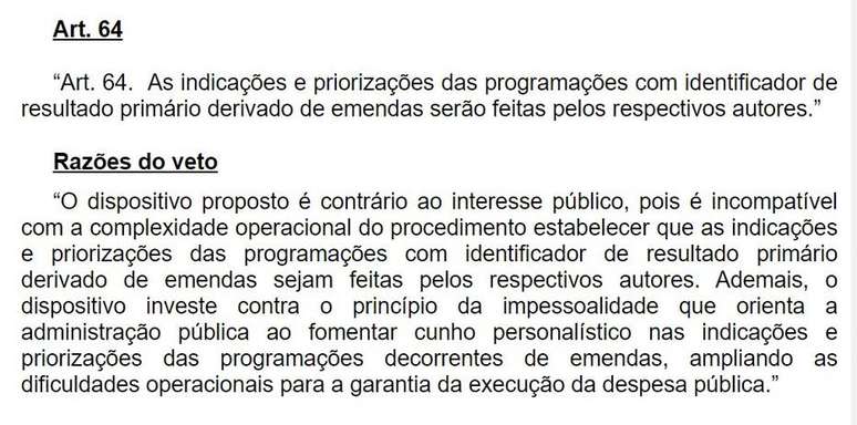 Documento disponível no site do Congresso Nacional mostra justifica do veto de Bolsonaro a artigo da LDO