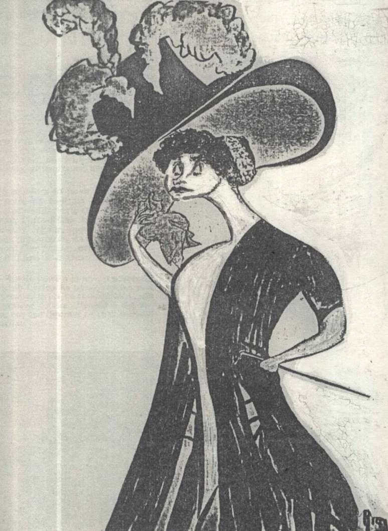 Primeira caricatura publicada de Nair retrata a artista francesa R&eacute;jane, que passava uma temporada no Brasil