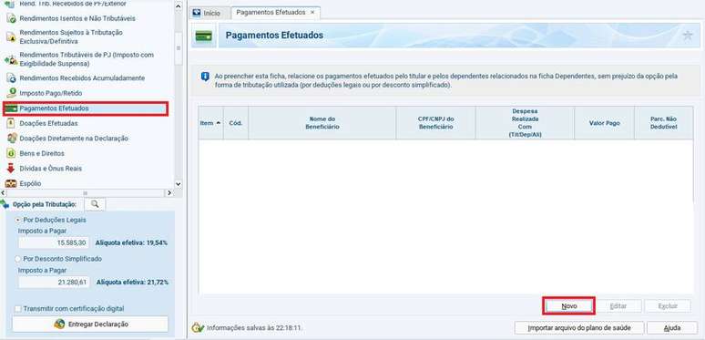 Programa do IR 2021. Veja como preencher as opções referentes ao pagamento de pensão alimentícia.