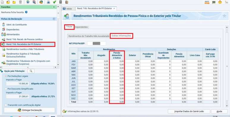 Programa do IR 2021. Veja como preencher as opções referentes ao recebimento de pensão alimentícia.