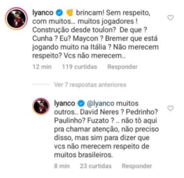 Comentários de Lyanco no Instagram (Foto: Reprodução / Instagram)