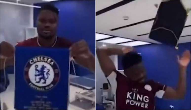 Amartey jogando a flâmula do Chelsea no chão (Foto: Reprodução / Twitter)