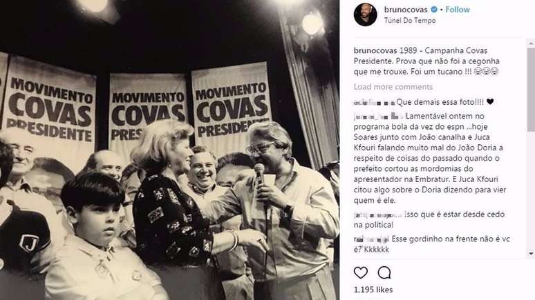 'Não foi uma cegonha que me trouxe. Foi um tucano!', brincou Bruno Covas no Instagram; fotos do avô eram recorrentes em sua rede social