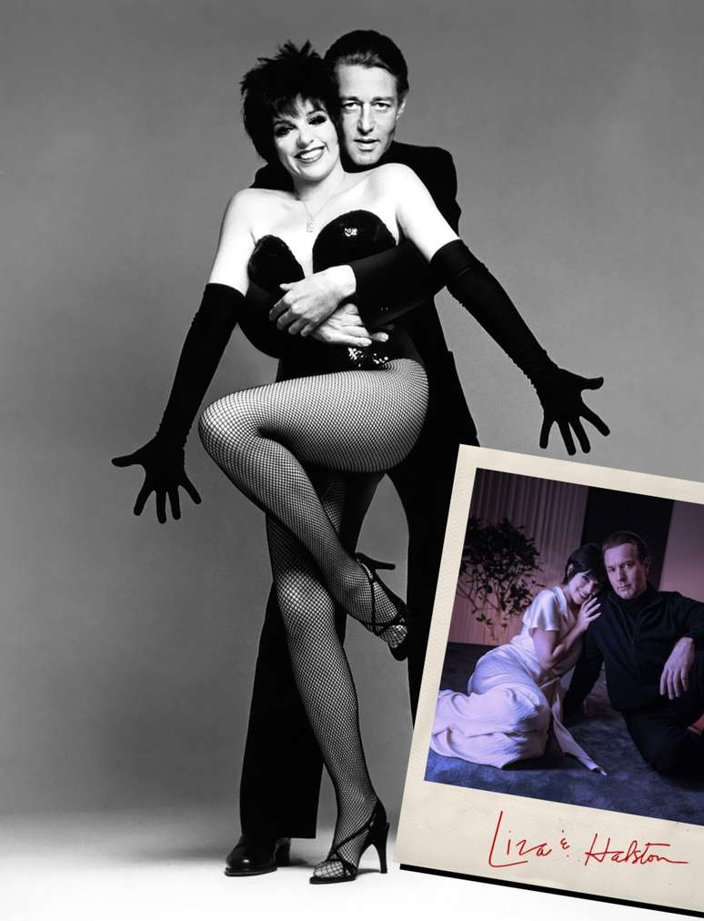 Halston com a diva Liza Minelli e, na polaroid, os atores que os interpretam, Ewan McGregor e Krysta Rodriguez