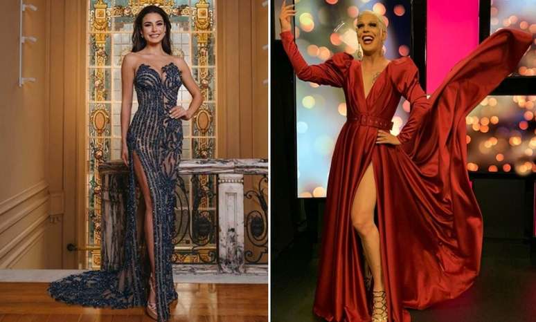 Julia Gama com vestido bordado com 70 mil cristais usado no Miss Universo e Ikaro Kadoshi, na TNT, com look hollywoodiano do estilista Mário Cezar