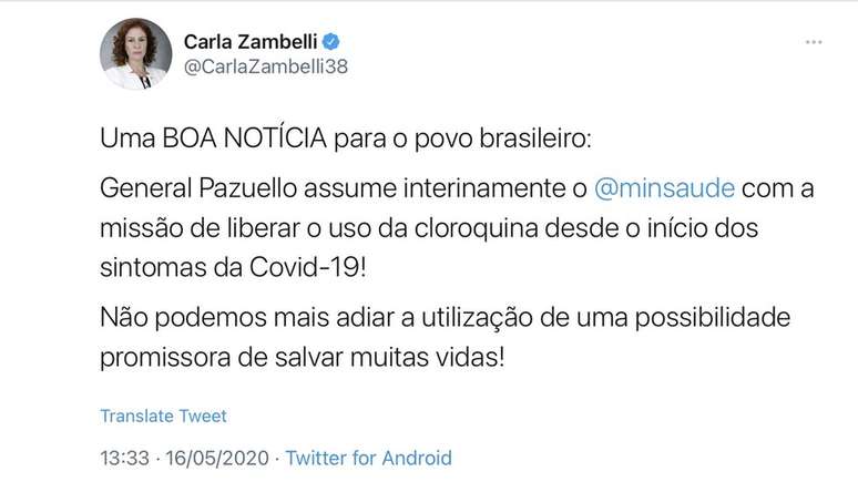 Quando Pazuello assumiu o ministério, Zambelli disse que sua missão era liberar cloroquina